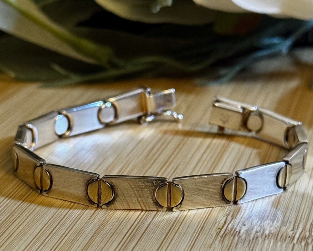 Vintage Milor Italy 925 Sterling Silver Gold Tone Screw Link Bracelet 7.5”
